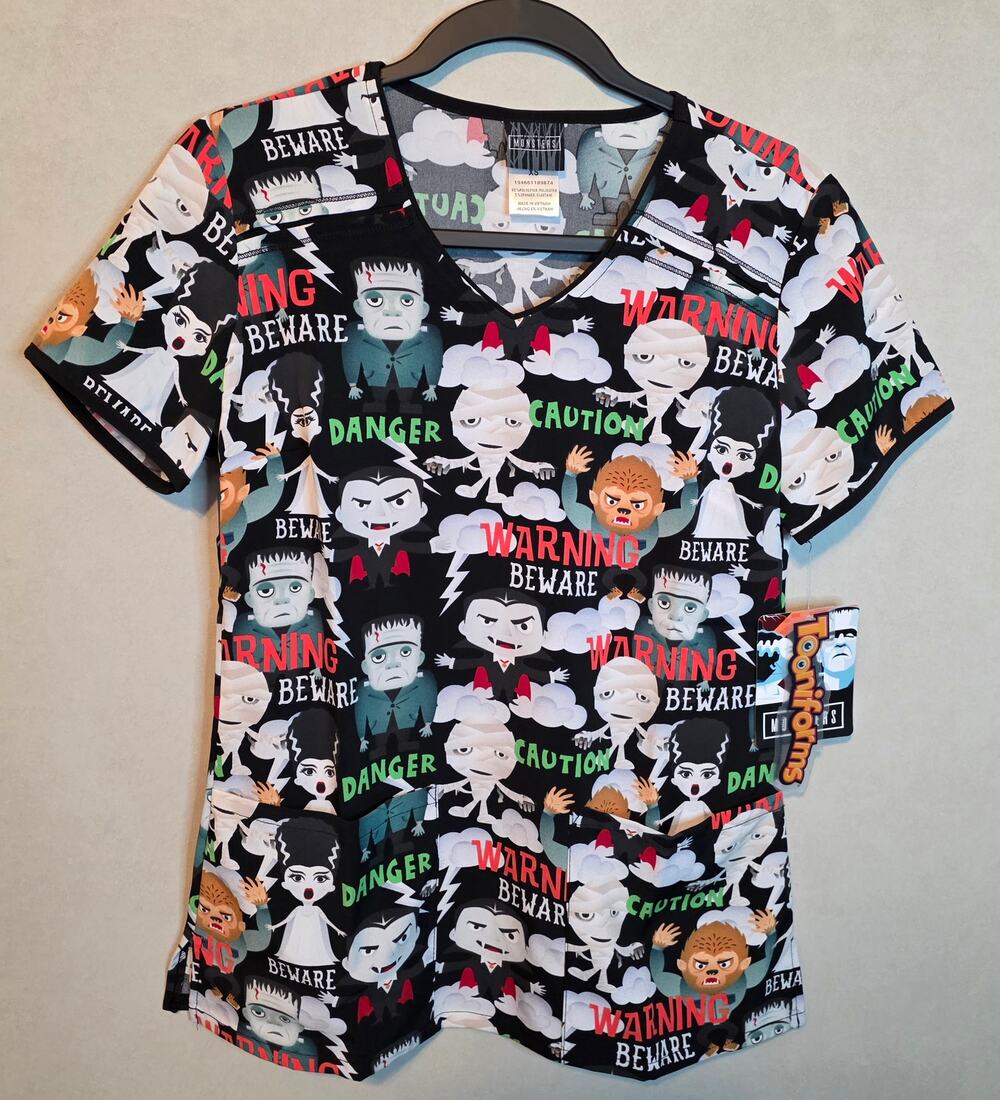 NWT Cherokee Tooniforms Women's V-neck Scrub Top "Beware of Monsters" size XS